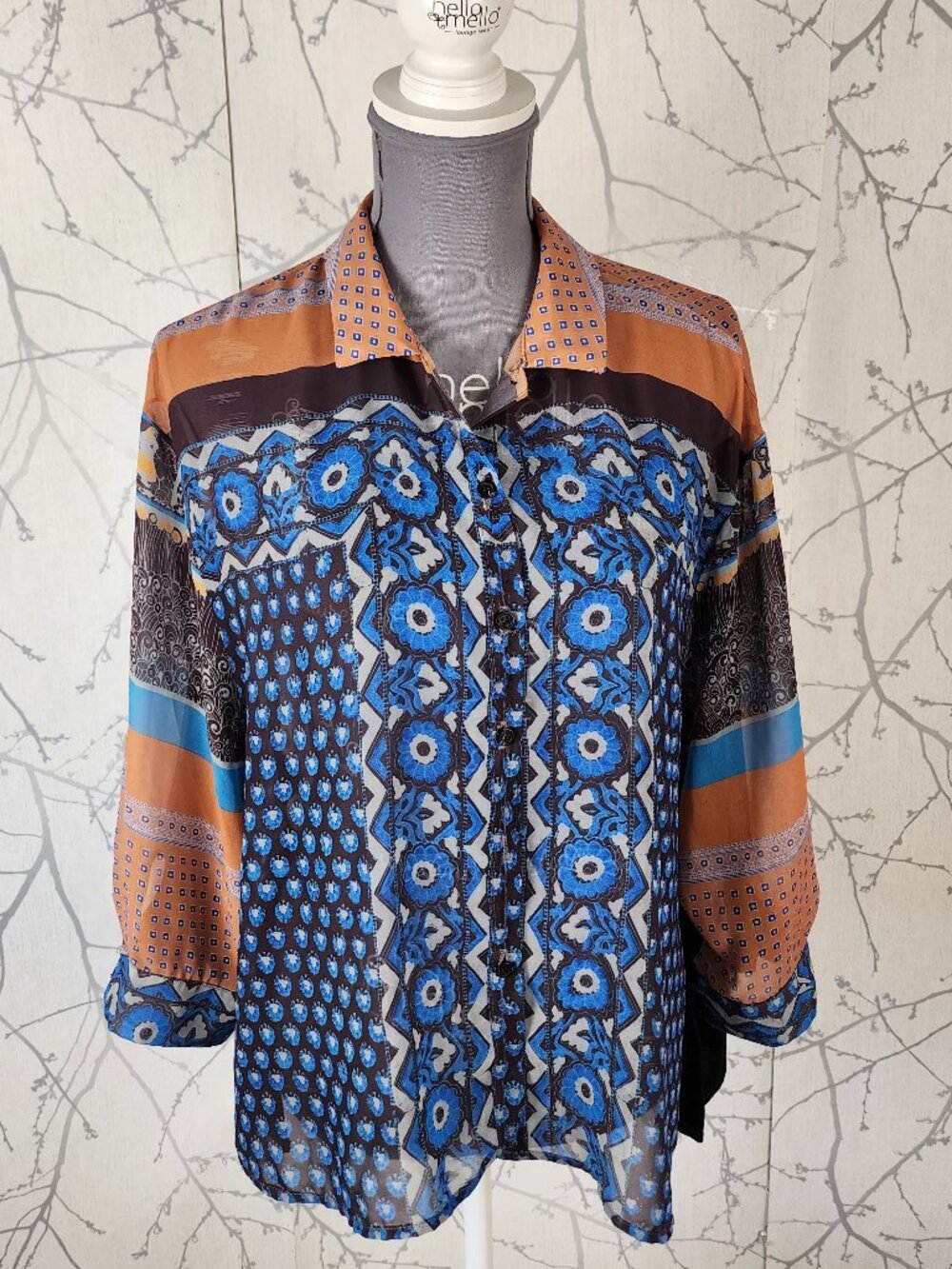 Clover Canyon Artsy Patchwork Chiffon Sheer Button Front Blouse